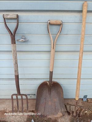 Yard and Garden farm tools - scoop shovel - potato fork - antique garden harrow
