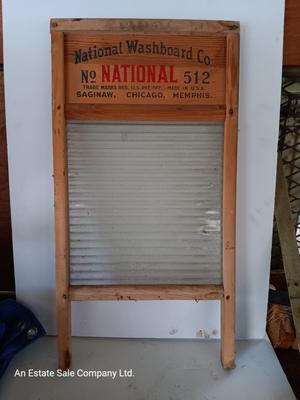 Antique National Washboard Co. National 512 glass and wood framed washboard.