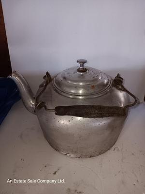 Antique wooden handled aluminum tea kettle