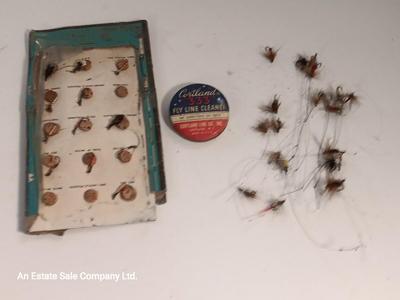 Vintage Fishing flies Fly fishing tackle with fly line cleaner tin