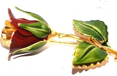 Deep Single Red Rose and Green Leaves Pin 2 1/2