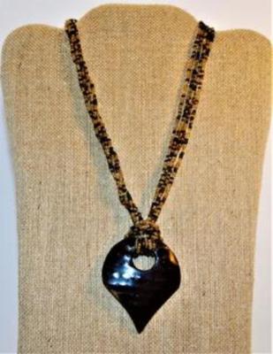 Brown Mini-Beads Necklace with Large Acrylic Pendant 22" L