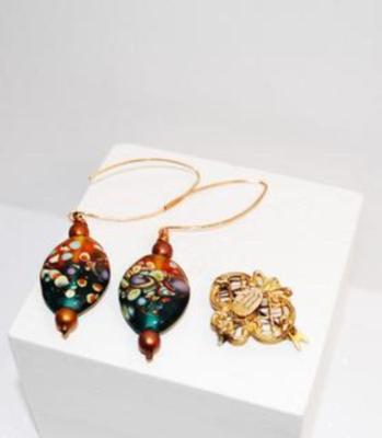 Very Colorful Drop Earrings Pair & "M" Pin