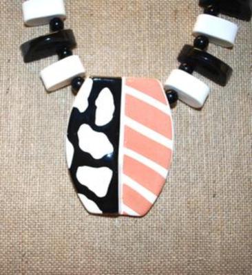 Large & Showy Geometric Designed Black, White and Pink Necklace 22