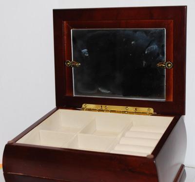 Dark Wood Jewelry Box with Mirror 8" x 6" x 5"