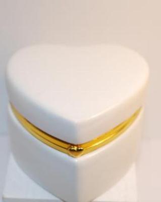 White Heart-Shaped Hinged Trinket Box with Gold Tone Trim 3" W x 2 1/2" H