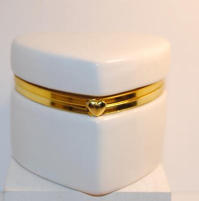 White Heart-Shaped Hinged Trinket Box with Gold Tone Trim 3" W x 2 1/2" H