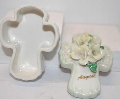 Flowered Ceramic Cross Trinket Box -- Marked "August"
