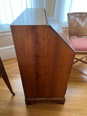 Antique burled wood drop front secretary with shell motif inlay