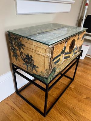 Antique Asian Painted â€œBrides Boxâ€ with metal base