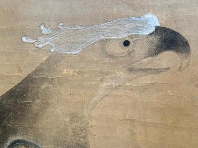 Antique Asian scroll, Hawk/Eagle wood box, 70â€ T x 21â€ W