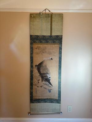 Antique Asian scroll, Hawk/Eagle wood box, 70â€ T x 21â€ W
