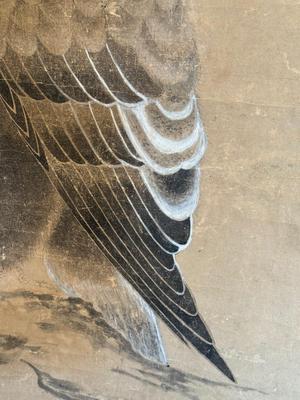 Antique Asian scroll, Hawk/Eagle wood box, 70â€ T x 21â€ W