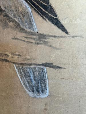 Antique Asian scroll, Hawk/Eagle wood box, 70â€ T x 21â€ W