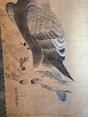 Antique Asian scroll, Hawk/Eagle wood box, 70â€ T x 21â€ W
