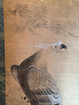 Antique Asian scroll, Hawk/Eagle wood box, 70â€ T x 21â€ W