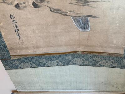 Antique Asian scroll, Hawk/Eagle wood box, 70â€ T x 21â€ W