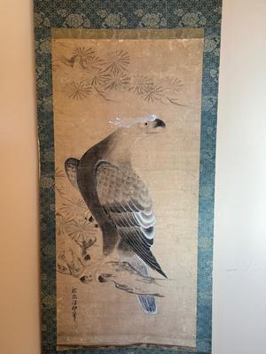 Antique Asian scroll, Hawk/Eagle wood box, 70â€ T x 21â€ W