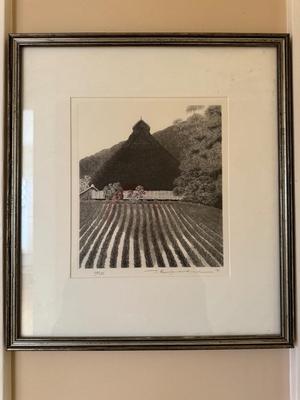Tanaka Ryohei, Framed Etching, Japanese barn fields, 1981