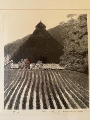 Tanaka Ryohei, Framed Etching, Japanese barn fields, 1981