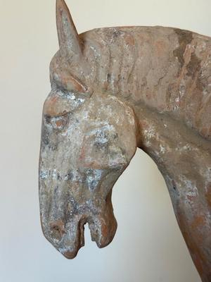Standing Horse with Taces of Ochre colored Pigments, Tang Dynasty (581-618 CE), Pottery