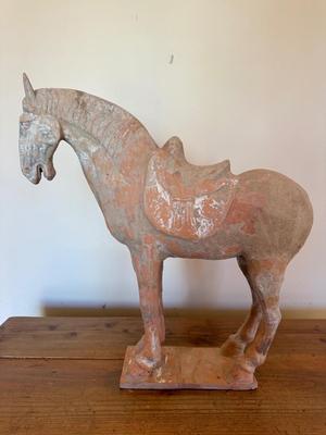 Standing Horse with Taces of Ochre colored Pigments, Tang Dynasty (581-618 CE), Pottery