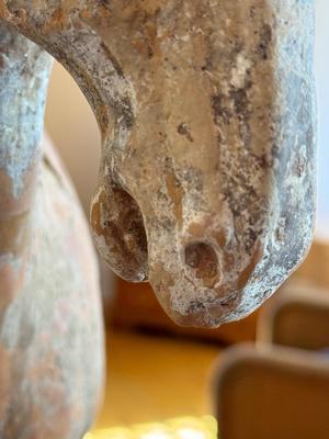 Standing Horse with Taces of Ochre colored Pigments, Tang Dynasty (581-618 CE), Pottery