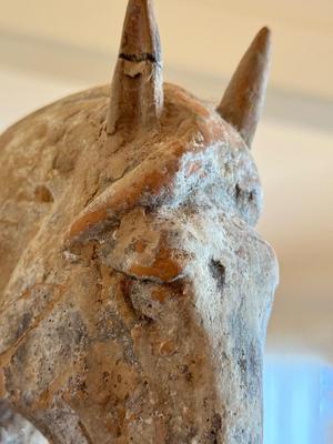 Standing Horse with Taces of Ochre colored Pigments, Tang Dynasty (581-618 CE), Pottery