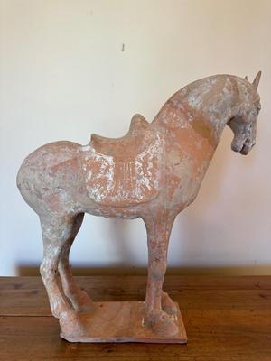 Standing Horse with Taces of Ochre colored Pigments, Tang Dynasty (581-618 CE), Pottery