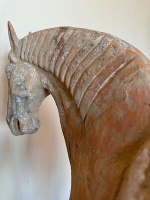 Standing Horse with Taces of Ochre colored Pigments, Tang Dynasty (581-618 CE), Pottery