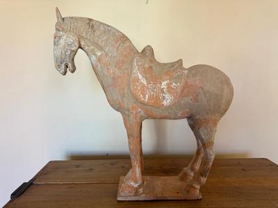 Standing Horse with Taces of Ochre colored Pigments, Tang Dynasty (581-618 CE), Pottery