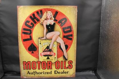 Lucky Lady Pin-Up Girl -Motor Oils - Metal Sign