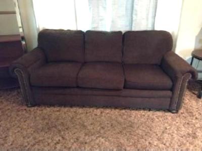 CLEAN CHOCOLATE BROWN FLEXSTEEL SOFA WITH NAILHEAD ACCENTS