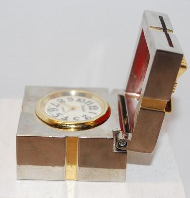 All Metal Cubed & Hinged Box with "Xanadu" Quartz Clock 1 3/4" x 1 3/4" x 1 1/2" H