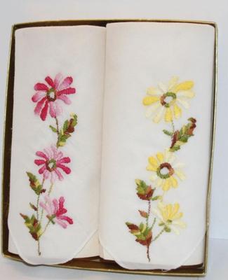 Vintage Pair of Beautiful Flower Embroidered Handkerchiefs