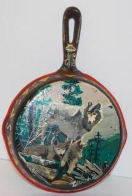 Handpainted "Wolf & Cubs" Iron Skillet 6 1/2 Diameter