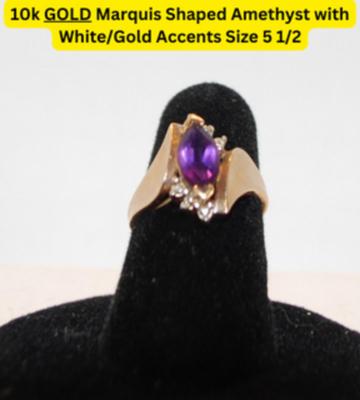 10k GOLD Marquis Shaped Amethyst with White/Gold Accents Size 5 1/2