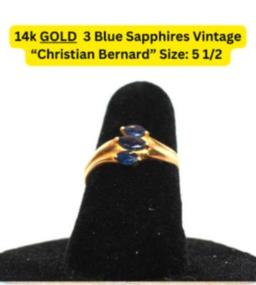 Vintage 14k GOLD 3 Blue Sapphires Vintage Christian Bernard Size: 5 1/2