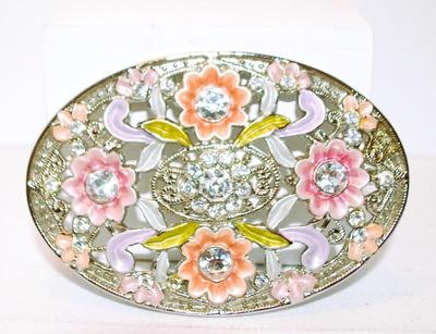 Pink & Purple Flowered Belt Buckle with Lots of Sparkle Clear Stones 3 1/2" x 2 1/2"