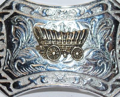 Bronze Style "Covered Wagon" Belt Buckle on a Silver Tone Base 3 1/2" x 2 1/2"