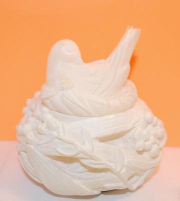 Vintage Carved White Jade Style Trinket Box with Bird Cover