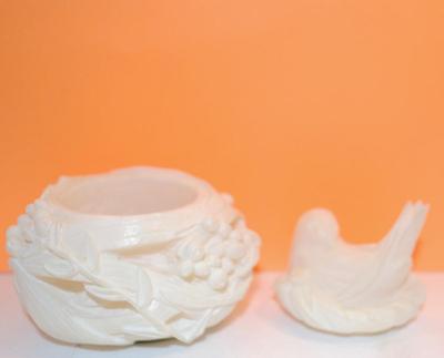 Vintage Carved White Jade Style Trinket Box with Bird Cover
