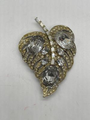 Vintage Leaf Shaped Rhinestone Pin Brooch Costume Jewelry