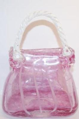 "Murano-Style" All Glass Cranberry Basket with Up & Down Handles 9 1/2" H x 7" W x 5" D Very Fragile and Heavy