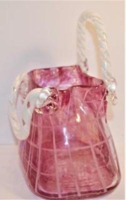 "Murano-Style" All Glass Cranberry Basket with Up & Down Handles 9 1/2" H x 7" W x 5" D Very Fragile and Heavy