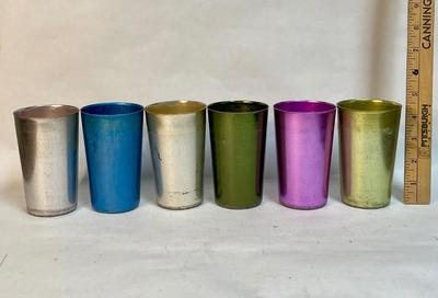 Set of 6 vintage Bascal mid-century anodized Aluminum cups glasses various colors