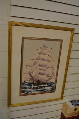 Framed & Matted Fiber Art Galleon 26.5"x20.5"