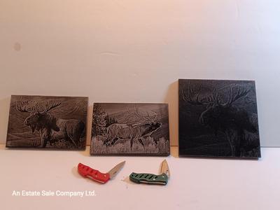 Laser art tiles moose & elk with two pocketknives