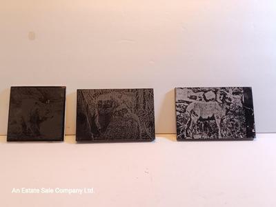 Three laser art tiles Ram - Owl and Bear