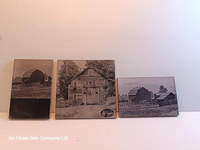 Three laser art tiles Cabin with USA flag and barn scenes